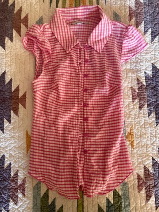 Kimchi Blue Tops - Kimchi Blue Pink and White Gingham Button-Up Blouse